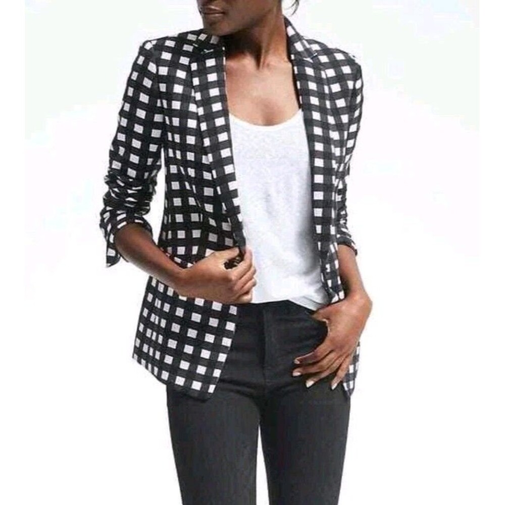 Banana Republic Gingham One-Button Blazer, Polyester, Black/White, Size 4, NWT